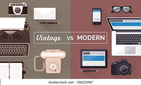 Work desktop and devices evolution, from typewriter to keyboard, business and communication technology evolution and improvement concept