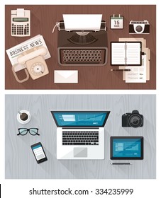 Work desktop and devices evolution, from typewriter to keyboard, business and communication technology progress and improvement concept