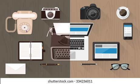 Work desktop and devices evolution, from typewriter to keyboard, business and communication technology evolution and improvement concept