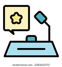 Vector de contorno de icono de escritorio de trabajo. Solución de bulbo. Color plano de la idea de la lámpara