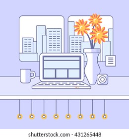 work desktop near window. Flat design illustrate have laptop coffee and vase.