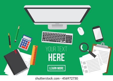 work desktop. personal computer and stuff on table. work office. modern lifestyle. 