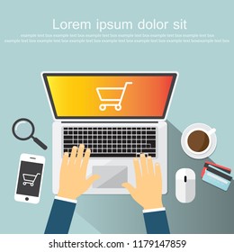 Work desktop top view, office desk table, copy space flat Vector Illustration.