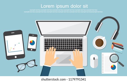 Work desktop top view, office desk table, copy space flat Vector Illustration.