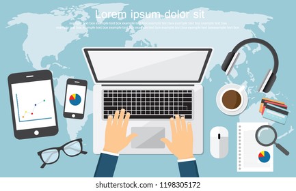 Work desktop top view, office desk table, copy space flat Vector Illustration.