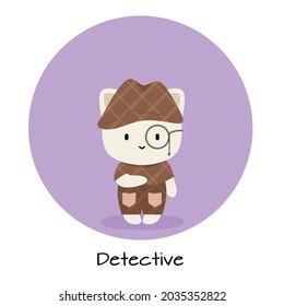 Work as detective. Simple cute cat character profession as detective. Introduction profession in the world easy to understand Flat vector illustration. 