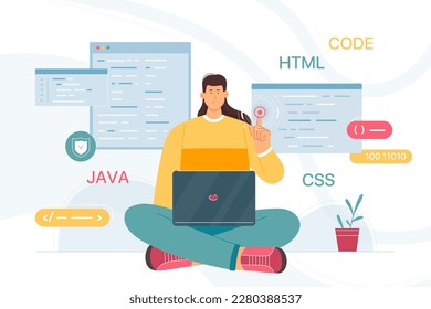 Work of developer and coder with software vector illustration. Cartoon character working with interactive interface, engineer coding program with computer language, programming with network clouds