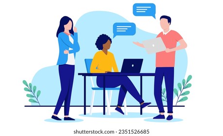 Work dialogue - People in office having conversation with speech bubbles using computers. Flat design vector illustration with white background
