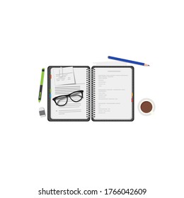 Work diary with text and pens. Color strikers, cup of coffee and glasses. Notepad with plans and organization. Education or business diary. Pages with lines of text, pencil.