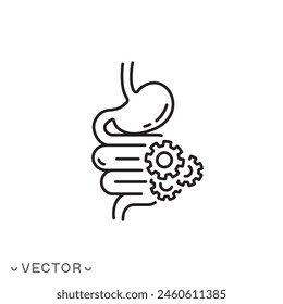 Arbeits-Verdauungssystem-Symbol, Darm mit Zahnrädern, Darmschutz, Dünnzeilensymbol isoliert auf weißem Hintergrund, bearbeitbarer Strich EPS 10 Vektorillustration