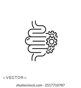 ícone do sistema digestivo de trabalho, intestino com engrenagens, proteção intestinal, símbolo de linha fina isolado no fundo branco, traço editável eps 10 ilustração vetorial