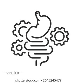 trabalho do ícone do sistema digestivo, estômago humano, intestinos com engrenagens, intestino, conceito gastroenterologia, proteção intestinal, linha fina símbolo web em fundo branco - ilustração vetorial de traço editável