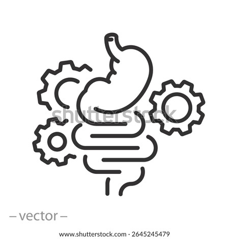 work of the digestive system icon, human stomach, intestines with gears, bowel, gastroenterology concept, gut protection, thin line web symbol on white background - editable stroke vector illustration