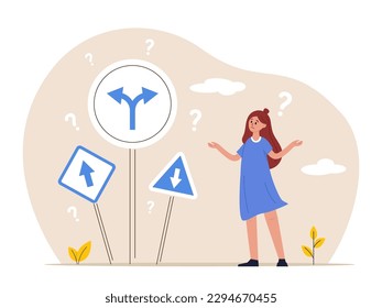 Work direction or choose the right way to success concept. Business decision making. Confusing woman or student looking at multiple road sign with question mark and think which way to go. Flat vector.