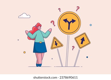 Work direction or choose the right way to success concept. Business decision making. Confusing woman or student looking at multiple road sign with question mark and think which way to go. Flat vector.