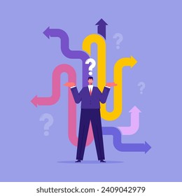 Work direction or choose the right way to success concept, business decision making, career path, confusing businessman looking at crossroad sign with question mark and think which way to go