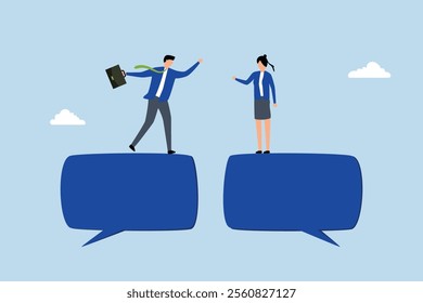 work discussion, businessman and woman engaging in discussion within chat speech bubble. 