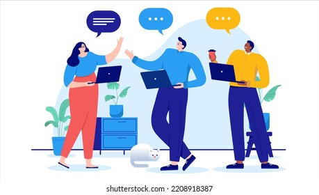 Work Discussion And Communication - Small Group Of Businesspeople Talking And Having A Dialogue. Flat Design Vector Illustration With White Background