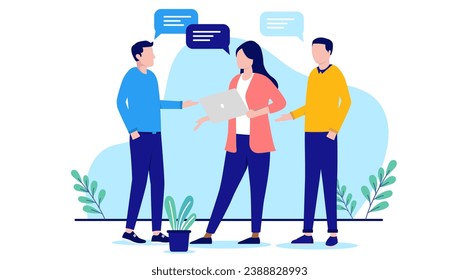 Work discussion - Group of three business people standing, talking and having a discussion together in office workplace. Flat design vector illustration with white background