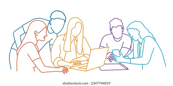 Work discussion - people in office working as a team and talking together with computer. Hand drawn vector illustration with white background.