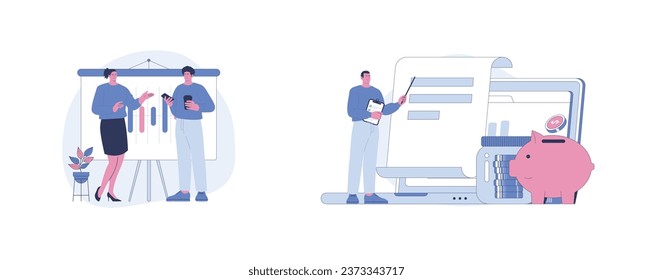 Arbeitsdiskussion und Arbeitsberichterstattung. Flache Cartoon-Vektorgrafik.