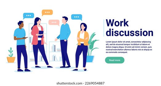 Work discussion - Team of businesspeople in casual clothing talking, communicating and having dialogue in office. Flat design vector illustration with copy space and white background