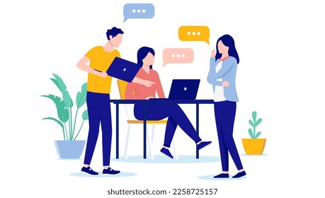 Work discussion - Three people in office working as a team and talking together with computers. Flat design vector illustration with white background