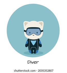 Work as diver. Simple cute cat character profession as diver. Introduction profession in the world easy to understand Flat vector illustration. 