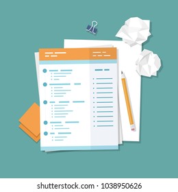 Work with documents, filling forms. Blank, crumpled paper, pencil, stickers, binder clip. Vector illustration top view
