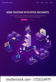 Work with documents isometric landing page, office people working with archive and database around of huge electronic drawer with files. Business administration, data storage, 3d vector web banner