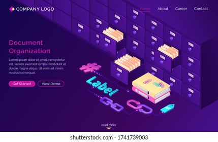 Work with documents organization isometric landing page, office cabinet with drawers, files, hashtags, folders, label, bidirectional links. Business administration, data storage, 3d vector web banner