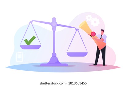 Work with Documents, Signature Authenticity Professional Service. Tiny Male Character in Formal Wear Holding Scroll with Seal Stamp Stand at Huge Scales with Green Tick. Cartoon Vector Illustration