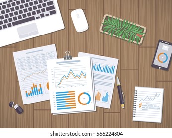 Work with documents, statistic, data analysis. Financial Audit, SEO analytics, strategic, report, planning, research. Form with the charts and graphs, notebook, leptop, pen, phone, notes on the desk.