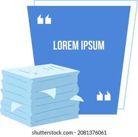 Work documents vector quote box with flat object. Stack of papers. Pile of sheets. Corporate job. Office tasks. Speech bubble with cartoon illustration. Colourful quotation design on white background