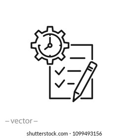 work done for a certain time icon, checklist and gear with time, line sign - vector illustration eps10