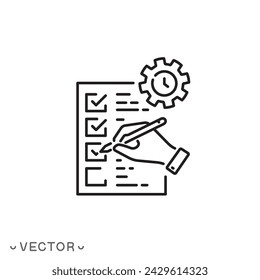 work done for a certain time icon, checklist and gear with timeline, thin line symbol isolated on white background, editable stroke eps 10 vector illustration