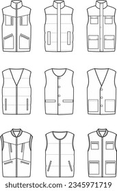 Work down vest flat sketch. Working waistcoat set apparel design. Front view. Men CAD mockup. Fashion technical drawing template. Vector illustration.