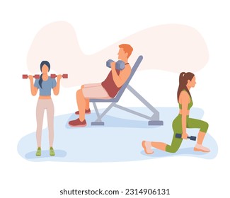 Work with dumbbells, pumping up muscles of arms. Boosting confidence with sports and workouts. Lunges with load, different types of training. Fitness for men and women