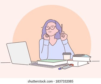 Work, education, freelance concept. Happy businesswoman or girl working on a laptop in the office.