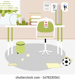 Work or education home office, table and stationery. Vector isolated painting art