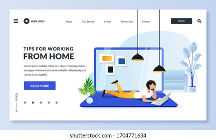 Work or education at home. Young woman student or freelancer lying on floor uses laptop. Vector character illustration for web page or banner design. Remote freelance work or e-learning concept