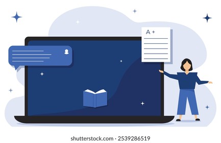 Work and education online. Virtual classes, chat windows, laptop, smartphone. Vector illustration