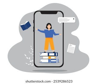 Arbeit und Bildung online. Virtuelle Kurse, Chatfenster, Laptop, Smartphone. Vektorgrafik