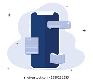 Work and education online. Virtual classes, chat windows, laptop, smartphone. Vector illustration