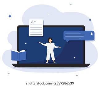 Work and education online. Virtual classes, chat windows, laptop, smartphone. Vector illustration