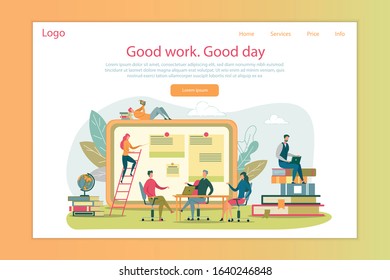 Work and Education Vector Landing Page Template. Leisure and Working Time Management Web Banner Layout. Employees Meeting. Task and Project Manager Cartoon Characters. Online Books Reading Hobby