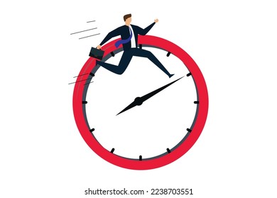 Eficiencia de trabajo, empresario sostiene maleta saltando en las manos del reloj metáfora de la gestión del tiempo