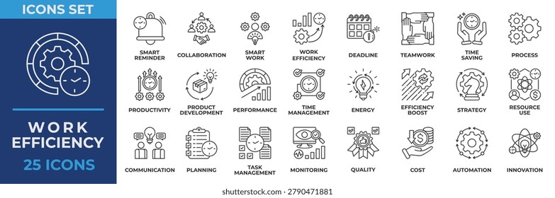 Work Efficiency icon collection set. Containing icon business, work, efficiency, smart, innovation, planning, process, time management and cost. Outline Vector Illustration.
