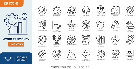 Work Efficiency icon set. Containing work, productivity, eficiency, planning, time management, business strategy, and more. Outline icons collection. Editable stroke. Vector illustration