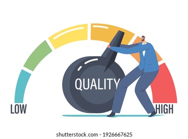 Work Efficiency Management Solution for Success. Tiny Businessman Character Pull Huge Lever Arm to Increase Level Quality and Customers Feedbak Rate Evaluation. Cartoon People Vector Illustration